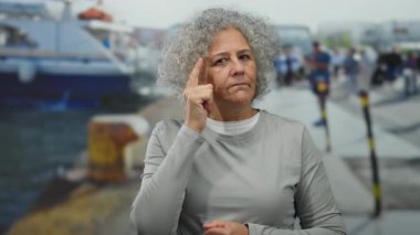 Gri saçlı bir kadın deniz kıyısında durup düşünceli bir jest yapıyor ve açık deniz ortamının ortasında düşünceli bir ifade sergiliyor..