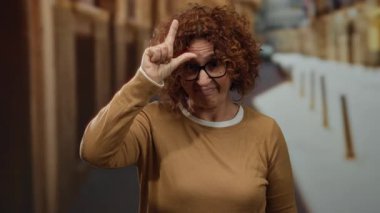 Kıvırcık saçlı ve gözlüklü İspanyol kadın şehir sokaklarında ezik bir jest yapıyor, şehir ortamında duygu ve mizah aktarıyor..