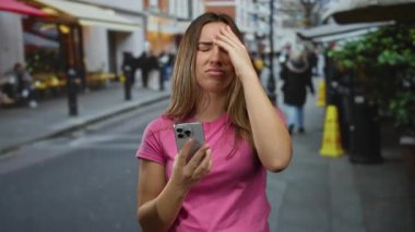Açık havada elinde telefonla gezen bir kadın, günlük kıyafetleri içinde bulanık arka planı olan kalabalık bir şehir sokağında hayal kırıklığına uğramış bir halde, toplum ortamında teknolojiyle uğraşırken hoşnutsuzluğunu dile getiriyor..