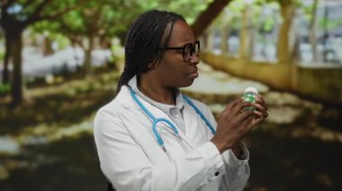 Laboratuvar önlüklü bir kadın elinde ilaç şişesiyle parkta duruyor. Dışarıdaki sağlık hizmetlerini sembolize ediyor..