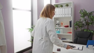 Klinikte steteskopla eğlenceli bir şekilde dans eden bir kadın, hastane ortamında tıbbi ekipman ve ofis dekoruyla çevrili eğlenceli bir an sergiliyor..