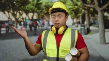 Kentsel caddede güvenlik ekipmanı giymiş genç bir adam elinde planlar, açık bir şehir ortamında mimari planlama ve inşaatı sembolize eden dostane bir jest sunuyor..