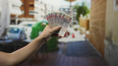 Açık yeşil çöp konteynırının önünde Polonya 'daki geri dönüşüm sahnesi ve finans temalarını gösteren paralar tutan adam.