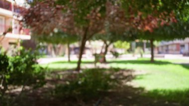 Açık hava bulanık arkaplan. Canlı yeşil park ayarları ve bokeh etkisi olan ağaçlar ve binalar.