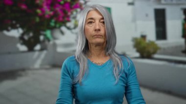 Gri saçlı yaşlı bir kadın gündüz vakti arka planı bulanık bir sokakta saldırgan bir el hareketi yapıyor..