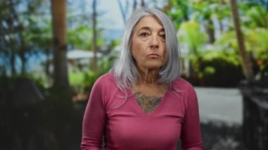 Parkta kır saçlı yaşlı bir kadın açık havada sürpriz ya da düşünceliliğini ifade ediyor, pembe bir kazak giyiyor ağaçlar ve bitkilerle dolu yemyeşil bir zemine yaslanıyor..