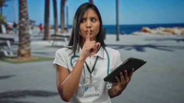 Stetoskop ve tablet jestli doktor kadın deniz kenarında gezinti yapıyor, tıbbı ve boş zamanı yaratıcı bir şekilde harmanlıyor..