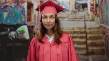 Pembe şapkalı ve cüppeli mezun bir kadın canlı grafiti kaplı bir şehir sokağında duruyor, gençlik başarılarını ve gelecek umutlarını aktarıyor..