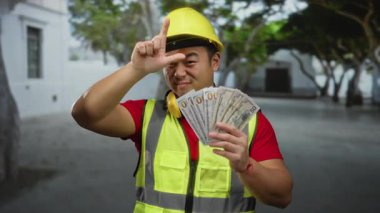 Başlık ve güvenlik yeleği giymiş inşaat işçisi, bir şehir caddesinde gururla duruyor, bize dolar banknotları tutuyor, neşeli bir ifadeyle, başarı ya da zenginlik öneriyor..