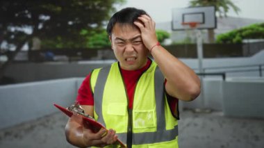 Açık hava basketbol sahasında güvenlik yeleği giyen bir adam hayal kırıklığına uğramış ifadesiyle işçi duygularını ve iş zorluklarını gösteriyor.
