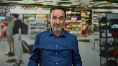 Mavi gömlekli adam yoğun havaalanı terminalinde şaşkınlığını dile getiriyor. Arka planda renkli vitrinler, seyahat ve kapalı ortamları vurguluyor..