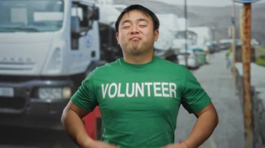 Şehir sokağında yeşil gönüllü gömleği ayarlayan genç bir adam. Arka planda kamyonları var. Gönüllü işine ve kamu hizmetine olan güveni ve gururu tam..