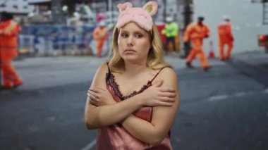 Pembe gecelikli bir kadın, işçilerle çevrili bir inşaat sahasında duruyor, geceleri rahatlama ve çalışkan çevre arasında bir kontrast hissi taşıyor..