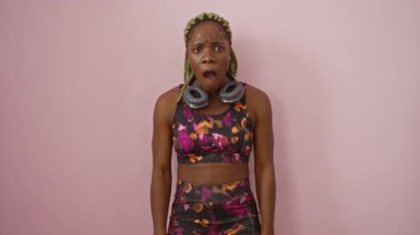 Spor kıyafetli, kulaklıklı genç Afro-Amerikan bir kadın şaşırmış, hayrete düşmüş bir yüz ve ağzı açık bir şekilde tek başına pembe arka plana karşı, inançsızlıktan korkan
