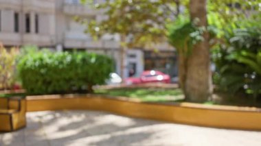 Ağaçların, bitkilerin, binaların, arabaların ve güneş ışığının oluşturduğu bir açık hava parkının bulanık arka planı bokeh etkisi yaratıyor.