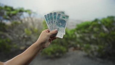 Yeşilliğin yemyeşil olduğu bir parkta, doğal ortamdaki finans, para ve ekonomik temaları ön plana çıkaran bir adam, Polonya zloti banknotlarını elinde tutuyor..