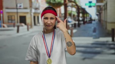 Şehir caddesinde kafası üzerinde madalyon ve kafa bandıyla çılgın jestler yapan bir kadın.
