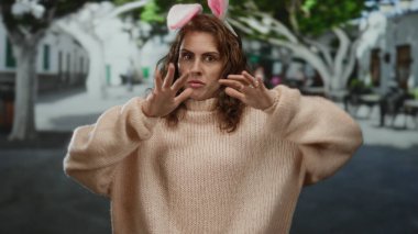Kıvırcık saçlı, tavşan kulaklı ve kazaklı bir kadın sokakta komik bir ifade sergiliyor.