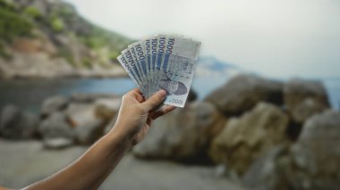 Güney Kore 'nin el ele tutuşması, deniz kenarında kayalar ve suyla doğal ışık altında finansal konseptleri temsil eden banknotlar kazandı..