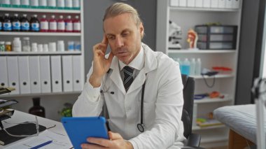 Tıbbi malzeme ve klasörlerle dolu bir klinikteki tabletin verilerini analiz eden doktor, profesyonel bir iş ortamında odaklanmış orta yaşlı bir adamı canlandırıyor..