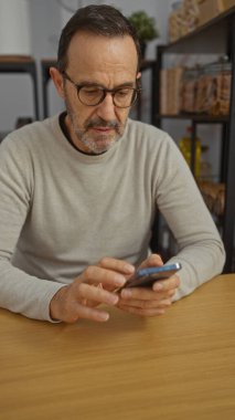 Ofisteki olgun bir adam, odaklanmış bir ifadeyle akıllı bir telefona bakar. Kapalı bir çalışma ortamında yakışıklılık ve güven gösterir..