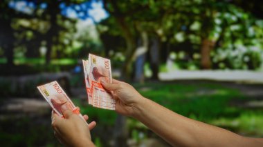 Norveç Kronu 'nu elinde tutan adam güneşli bir parkta, canlı bir şehir ortamındaki yatırım ve iş fırsatlarını sembolize ediyor..