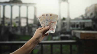 Atina 'nın dışında elinde Türk lirası banknotları tutan ve arka planında partenon olan adam, tarihi bir ortamda kültürel ve finansal unsurların karışımını yakalıyor..