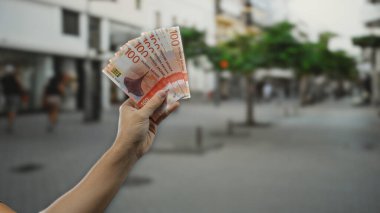 Arka planda insanların bulanık olduğu bir şehir caddesinde Norveçli banknotlarla el ele tutuşmak, açık havada bir adamın koluyla kentsel mali işlemleri yakalamak..