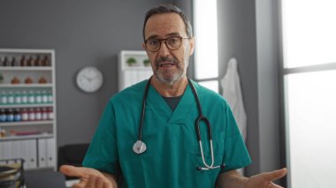 Hastane odasında ameliyat önlüğü ve steteskop takan, profesyonel görünen ve klinik bir ortama odaklanmış, sağlık hizmetleri profesyonelliğini kapalı alanlarda aktaran olgun İspanyol bir adam..