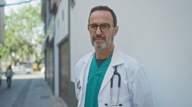 Gözlüklü ve steteskop takmış yaşlı bir adam şehir sokaklarında duruyor ve tıbbi bir bağlamda profesyonellik ve adanmışlık duygusunu aktarıyor..