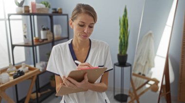 Kaplıca odasındaki panoda, sakin bir dekor ve doğal ışıkla, sakinleştiren iç mekanda güzellik ve sağlığını gösteren bir yazı yazan bir kadın..