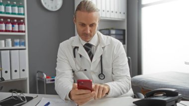 Modern klinikte steteskoplu beyaz önlüklü doktor rafları, saati ve telefonu olan akıllı telefonu kullanarak çağdaş tıbbi çevreyi aktarıyor..