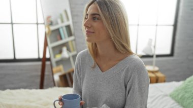 Yatak odasında rahat bir şekilde uzanan, sarı saçlı bir kadın, yatağa oturmuş, sabah keyfine bakıyor, aydınlık iç mekanda yumuşak mobilyalarla çevrili, ilerisini düşünerek,.