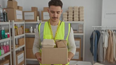 Yansıtıcı yelek giyen genç adam bir hayır kurumunda gönüllü olarak çalışıyor, içeride gıda paketleri düzenliyor, sosyal yardım çabalarını ön plana çıkarıyor..