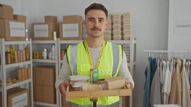 Yansıtıcı yelek giyen genç adam kapalı bir hayır kurumunda gönüllü olarak yemek tepsisi taşıyor..