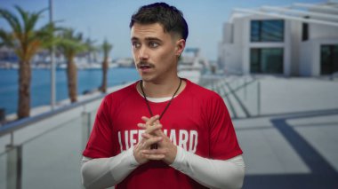 Palmiye ağaçları ve modern mimariyle deniz kenarında gezinen kırmızı tişörtlü genç İspanyol cankurtaran güneşli açık havada odaklanıyor ve hazır bekliyor..