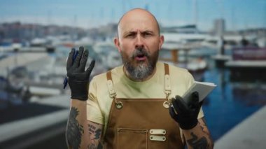 Sakallı, kel kafalı, önlük takan ve eldivenli bir adam açık havada, limanda elinde not defteri olan bir teknenin yanında duruyor..