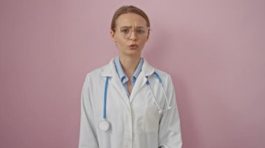 Steteskoplu gözlüklü kadın doktor profesyonellik tasvir eden ve sağlık hizmetlerine odaklanan izole edilmiş pembe arka plana karşı duruyor..