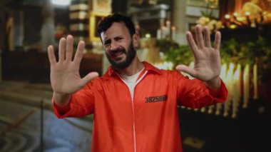 Kapalı bir katolik kilisesinde sakallı, turuncu tulumlu bir adam elleri havada, dini dekorlar ve mumlarla çevrili bir şekilde isteksizlik ve umutsuzluğu ifade ediyor..