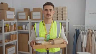 Yansıtıcı yelek giyen genç adam kapalı bir hayır kurumunda gönüllü olarak yemek tepsisi taşıyor..
