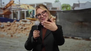 Mikrofon jestleri yapan kadın muhabir buraya geliyor. Gülümsüyor, gözlük takıyor ve siyah ceket giyiyor. Binaların ve ekipmanların geçmişiyle ilgili canlı haber yapıyor..