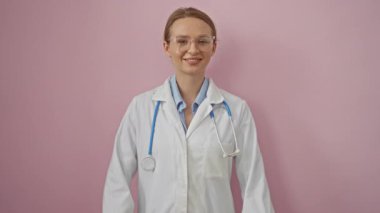 Doktor, steteskop ve gözlük takarak pembe arka plan, güven, pozitiflik ve profesyonel bakım konusunda iyi niyet gösteriyor..