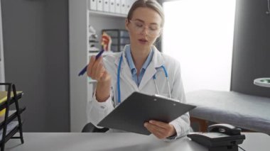 Klinikteki kadın doktor, profesyonel sağlık hizmetlerini belirten telefon ve tıbbi ekipmanlarla masadaki belgeleri inceliyor.