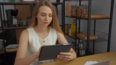 Ofiste çalışan bir kadın, tablet teknolojisi ve modern bir iç mekan kullanarak rahat bir ortamda gülümsüyor.