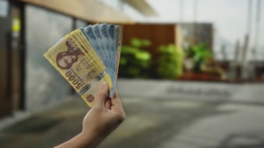 Bir şehir caddesinde elinde Macar banknotları tutan adam halka açık bir ortamda finans ve para birimi kavramlarını vurguluyor..