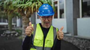 Güvenlik teçhizatı içinde İspanyol bir adam şehir merkezindeki fabrikalar ve binalar için onay veriyor, modern bir şehir parkında inşaatı ön plana çıkarıyor..