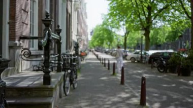 Bulanık ağaçlar, arabalar, bisikletler ve güneşli bir günde yemyeşil ağaçların altında yayaların olduğu Amsterdam caddesinin odaksız görüntüsü..