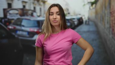 Pembe tişörtlü genç bir kadın şehir caddesinde park etmiş arabalarla canlı şehir hayatı ve dinamik bir ifade sergiliyor.