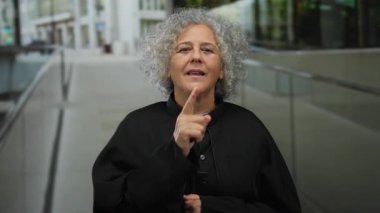 Kıvırcık gri saçlı kadın şehir sokaklarında sessizlik için el kol hareketi yapıyor..