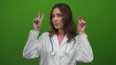 İspanyol doktor steteskopu izole edilmiş yeşil arka plan üzerinde tutarken kendine güvenen ifade profesyonelliği ve sağlık uzmanlığını ima ediyor..